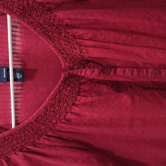 BASIC EDITIONS WOMAN'S DARK RED BUTTON UP BLOUSE 3/4  PUFFY SLEEVES SIZE 2X - Picture 3 of 8